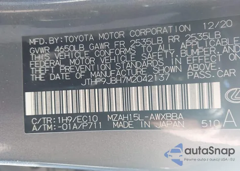 2021 Lexus Ux 250H z USA, uszkodzony, nr VIN JTHP9JBH7M2042137